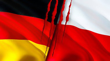 Almanya ve Polonya yara izi kavramına sahip bayraklar. Dalgalanan bayrak, 3 boyutlu görüntüleme. Almanya ve Polonya çatışma konsepti. Almanya Polonya ilişkileri kavramı. Almanya ve Polonya bayrağı krizi, savaş, saldırı konsepti