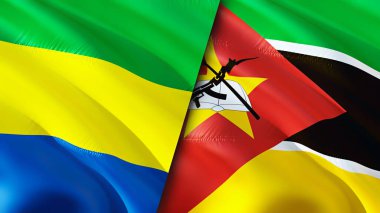 Gabon ve Mozambik bayrakları. 3 boyutlu dalgalanan bayrak tasarımı. Gabon Mozambik bayrağı, resim, duvar kağıdı. Gabon, Mozambik 'e karşı, görüntü 3 boyutlu. Gabon Mozambik ilişkileri ittifak ve ticaret, seyahat, turnuva
