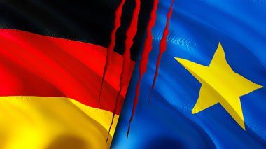 Almanya ve DR Kongo bayraklarında yara izi var. Dalgalanan bayrak, 3 boyutlu görüntüleme. Almanya ve DR Kongo çatışma konsepti. Almanya DR Kongo ilişkileri kavramı. Almanya ve DR Kongo bayrağı krizi, savaş, attac