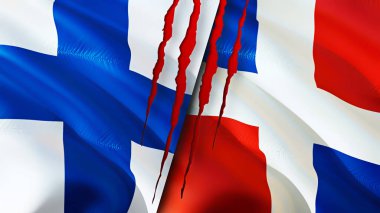 Finlandiya ve Dominik Cumhuriyeti yara izi kavramına sahip bayraklar. Dalgalanan bayrak, 3 boyutlu görüntüleme. Finlandiya ve Dominik Cumhuriyeti çatışma konsepti. Finlandiya Dominik Cumhuriyeti ilişkileri kavramı. Finlandiya bayrağı