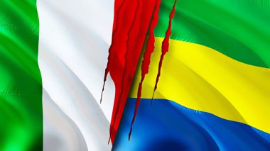 İtalya ve Gabon yara izi olan bayraklar. Dalgalanan bayrak, 3 boyutlu görüntüleme. İtalya ve Gabon çatışma konsepti. İtalya Gabon ilişkileri kavramı. İtalya ve Gabon bayrağı krizi, savaş, saldırı konsepti