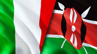 İtalya ve Kenya bayrakları. 3 boyutlu dalgalanan bayrak tasarımı. İtalya bayrağı, resim, duvar kağıdı. İtalya Kenya 'ya karşı, görüntü 3 boyutlu. İtalya Kenya ilişkileri ittifak ve ticaret, seyahat, turizm konsepti