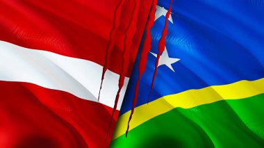 Letonya ve Solomon Adaları yara izi olan bayraklar. Dalgalanan bayrak, 3 boyutlu görüntüleme. Letonya ve Solomon Adaları çatışma konsepti. Letonya Solomon Adaları ilişkileri kavramı. Letonya ve Solomo bayrağı