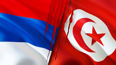 Sırbistan ve Tunus yara izi kavramına sahip bayraklar. Dalgalanan bayrak, 3 boyutlu görüntüleme. Sırbistan ve Tunus ihtilafı kavramı. Sırbistan Tunus ilişkileri kavramı. Sırbistan bayrağı ve Tunus krizi, savaş, saldırı konsepti