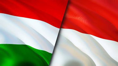 Macaristan ve Endonezya bayrakları. 3 boyutlu dalgalanan bayrak tasarımı. Macaristan Endonezya bayrağı, resim, duvar kağıdı. Macaristan, Endonezya 'ya karşı, görüntü 3 boyutlu. Macaristan Endonezya ilişkileri ittifak ve ticaret, seyahat, turnuva