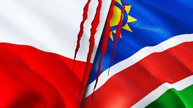 Yara izi olan Polonya ve Namibya bayrakları. Dalgalanan bayrak, 3 boyutlu görüntüleme. Polonya ve Namibya çatışma konsepti. Polonya Namibya ilişkileri kavramı. Polonya bayrağı ve Namibya krizi, savaş, saldırı konsepti