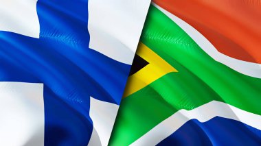 Finlandiya ve Güney Afrika bayrakları. 3 boyutlu dalgalanan bayrak tasarımı. Finlandiya Güney Afrika bayrağı, resim, duvar kağıdı. Finlandiya, Güney Afrika imajına karşı, 3D görüntüleme. Finlandiya Güney Afrika ilişkileri ittifakı