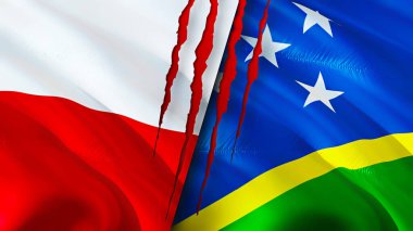 Polonya ve Solomon Adaları yara izi olan bayraklar. Dalgalanan bayrak, 3 boyutlu görüntüleme. Polonya ve Solomon Adaları çatışma konsepti. Polonya Solomon Adaları ilişkileri kavramı. Polonya ve Solomo bayrağı