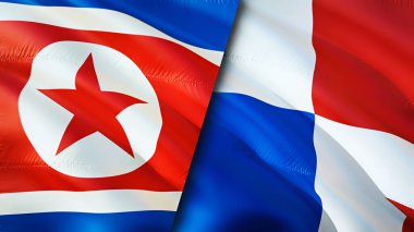 Kuzey Kore ve Panama bayrakları. 3 boyutlu dalgalanan bayrak tasarımı. Kuzey Kore Panama bayrağı, resim, duvar kağıdı. Kuzey Kore, Panama 'ya karşı, görüntü 3D. Kuzey Kore Panama ilişkileri ittifakı