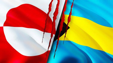 Grönland ve Bahamalar yara izi olan bayraklar. Dalgalanan bayrak, 3 boyutlu görüntüleme. Grönland ve Bahamalar çatışma konsepti. Grönland Bahamalar ilişkileri kavramı. Grönland ve Bahamalar bayrağı krizi, savaş, attac
