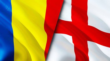 Romanya ve İngiltere bayrakları. 3 boyutlu dalgalanan bayrak tasarımı. Romanya bayrağı, resim, duvar kağıdı. Romanya, İngiltere 'nin imajına karşı, 3D görüntüleme. Romanya İngiltere ilişkileri ittifak ve ticaret, seyahat ve turizm konsepti