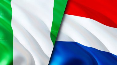 Nijerya ve Hollanda bayrakları. 3 boyutlu dalgalanan bayrak tasarımı. Nijerya Hollanda bayrağı, resim, duvar kağıdı. Nijerya, Hollanda 'ya karşı, görüntü 3D. Nijerya Hollanda İlişkiler Birliği