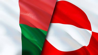 Madagaskar ve Grönland bayrakları. 3 boyutlu dalgalanan bayrak tasarımı. Madagaskar Grönland bayrağı, resim, duvar kağıdı. Madagaskar Grönland 'a karşı 3 boyutlu görüntü. Madagaskar Grönland ilişkileri