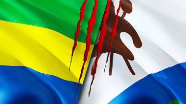 Gabon ve Lesotho bayrakları yara izi konseptiyle. Dalgalanan bayrak, 3 boyutlu görüntüleme. Gabon ve Lesotho çatışma konsepti. Gabon Lesotho ilişkileri kavramı. Gabon bayrağı ve Lesotho krizi, savaş, saldırı konsepti