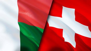 Madagaskar ve İsviçre bayrakları. 3 boyutlu dalgalanan bayrak tasarımı. Madagaskar İsviçre bayrağı, resim, duvar kağıdı. Madagaskar, İsviçre 'ye karşı. Görüntü 3 boyutlu. Madagaskar İsviçre ilişkileri