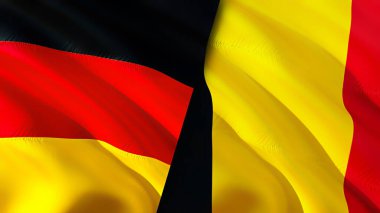 Almanya ve Belçika bayrakları. 3 boyutlu dalgalanan bayrak tasarımı. Almanya Belçika bayrağı, resim, duvar kağıdı. Almanya, Belçika 'ya karşı, görüntü 3 boyutlu. Almanya Belçika ilişkileri ittifak ve ticaret, seyahat, turizm konsepti