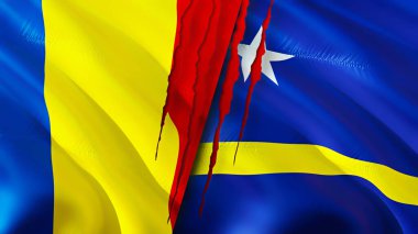 Romanya ve Curacao yara izi kavramına sahip bayraklar. Dalgalanan bayrak, 3 boyutlu görüntüleme. Romanya ve Curacao çatışma konsepti. Romanya Curacao ilişkileri kavramı. Romanya bayrağı ve Curacao krizi, savaş, saldırı konsepti