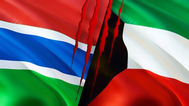 Gambiya ve Kuveyt bayrakları yara izi konseptiyle. Dalgalanan bayrak, 3 boyutlu görüntüleme. Gambiya ve Kuveyt çatışma konsepti. Gambia Kuveyt ilişkileri kavramı. Gambiya ve Kuveyt bayrağı kriz, savaş, saldırı konsepti