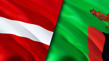 Letonya ve Zambiya bayrakları. 3 boyutlu dalgalanan bayrak tasarımı. Letonya Zambiya bayrağı, resim, duvar kağıdı. Letonya, Zambiya 'ya karşı, görüntü 3 boyutlu. Letonya Zambiya ilişkileri ittifak ve ticaret, seyahat, turizm konsepti
