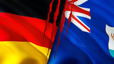 Almanya ve Anguilla yara izi kavramına sahip bayraklar. Dalgalanan bayrak, 3 boyutlu görüntüleme. Almanya ve Anguilla çatışma konsepti. Almanya Anguilla ilişkileri kavramı. Almanya bayrağı ve Anguilla krizi, savaş, attac