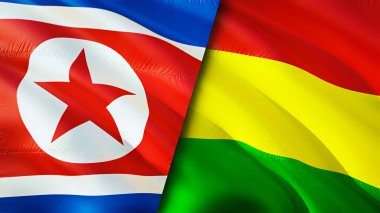 Kuzey Kore ve Bolivya bayrakları. 3 boyutlu dalgalanan bayrak tasarımı. Kuzey Kore Bolivya bayrağı, resim, duvar kağıdı. Kuzey Kore, Bolivya 'ya karşı, görüntü 3D. Kuzey Kore Bolivya ilişkileri