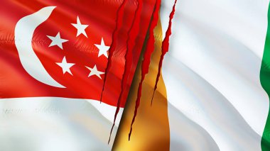 Singapur ve Cote d 'Ivoire bayrakları yara izi konseptiyle. Dalgalanan bayrak, 3 boyutlu görüntüleme. Singapur ve Cote d 'Ivoire çatışma konsepti. Singapur Fildişi İlişkileri konsepti. Singapur ve Cot bayrağı