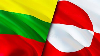 Litvanya ve Grönland bayrakları. 3 boyutlu dalgalanan bayrak tasarımı. Litvanya Grönland bayrağı, resim, duvar kağıdı. Litvanya Grönland 'a karşı, görüntü 3 boyutlu. Litvanya Grönland ilişkileri ittifakı