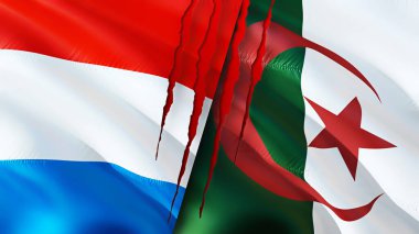 Lüksemburg ve Cezayir bayrakları ve yara izi konsepti. Dalgalanan bayrak, 3 boyutlu görüntüleme. Lüksemburg ve Cezayir çatışma konsepti. Lüksemburg Cezayir ilişkileri kavramı. Lüksemburg ve Cezayir bayrağı krizi, savaş
