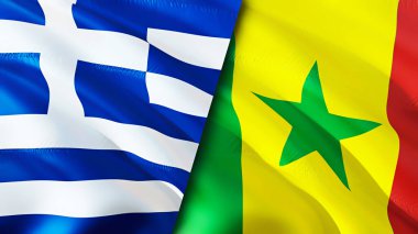 Yunanistan ve Senegal bayrakları. 3 boyutlu dalgalanan bayrak tasarımı. Yunanistan Senegal bayrağı, resim, duvar kağıdı. Yunanistan, Senegal imajına karşı, 3D görüntüleme. Yunanistan Senegal ilişkileri ittifak ve ticaret, seyahat ve turizm consepti