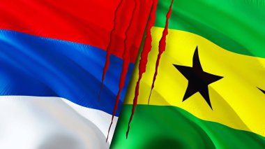 Sırbistan ve Sao Tome ve Principe yara izi kavramına sahip bayraklar. Dalgalanan bayrak, 3 boyutlu görüntüleme. Sırbistan ve Sao Tome ve Principe ihtilaf kavramı. Sırbistan Sao Tome ve Principe ilişkileri kavramı. Serbi bayrağı