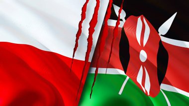 Yara izi olan Polonya ve Kenya bayrakları. Dalgalanan bayrak, 3 boyutlu görüntüleme. Polonya ve Kenya çatışma konsepti. Polonya Kenya ilişkileri kavramı. Polonya bayrağı ve Kenya krizi, savaş, saldırı konsepti