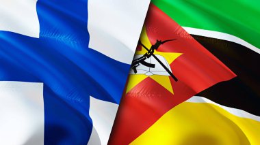 Finlandiya ve Mozambik bayrakları. 3 boyutlu dalgalanan bayrak tasarımı. Finlandiya Mozambik bayrağı, resim, duvar kağıdı. Finlandiya, Mozambik 'e karşı, görüntü 3 boyutlu. Finlandiya Mozambik ilişkiler ittifakı