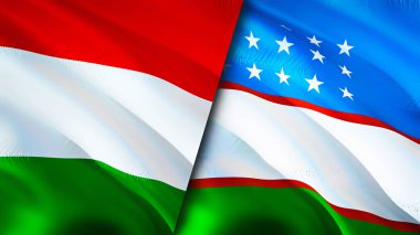 Macaristan ve Özbekistan bayrakları. 3 boyutlu dalgalanan bayrak tasarımı. Macaristan Özbekistan bayrağı, resim, duvar kağıdı. Macaristan, Özbekistan 'a karşı, görüntü 3 boyutlu. Macaristan Özbekistan ilişkileri bir ittifak