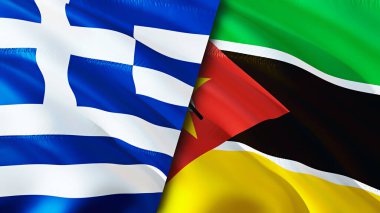 Yunanistan ve Mozambik bayrakları. 3 boyutlu dalgalanan bayrak tasarımı. Yunanistan Mozambik bayrağı, resim, duvar kağıdı. Yunanistan, Mozambik 'e karşı, görüntü 3D. Yunanistan Mozambik ilişkileri ittifak ve Ticaret, seyahat, turnuva