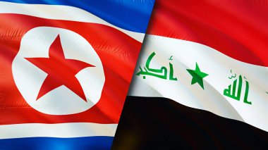 Kuzey Kore ve Irak bayrakları. 3 boyutlu dalgalanan bayrak tasarımı. Kuzey Kore Irak bayrağı, resim, duvar kağıdı. Kuzey Kore Irak 'a karşı, görüntü 3D. Kuzey Kore Irak ilişkileri ittifak ve ticaret, seyahat, turnuva