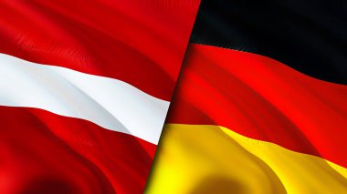 Letonya ve Almanya bayrakları. 3 boyutlu dalgalanan bayrak tasarımı. Letonya Almanya bayrağı, resim, duvar kağıdı. Letonya, Almanya 'ya karşı görüntü, 3D görüntüleme. Letonya Almanya ilişkileri ittifak ve ticaret, seyahat, turizm konsepti