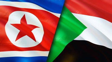 Kuzey Kore ve Sudan bayrakları. 3 boyutlu dalgalanan bayrak tasarımı. Kuzey Kore Sudan bayrağı, resim, duvar kağıdı. Kuzey Kore Sudan 'a karşı, görüntü 3 boyutlu. Kuzey Kore Sudan ilişkileri ittifak ve ticaret, seyahat, turnuva