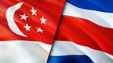 Singapur ve Kosta Rika bayrakları. 3 boyutlu dalgalanan bayrak tasarımı. Singapur Kosta Rika bayrağı, resim, duvar kağıdı. Singapur Kosta Rika 'ya karşı, görüntü 3 boyutlu. Singapur Kosta Rika ilişkileri ve