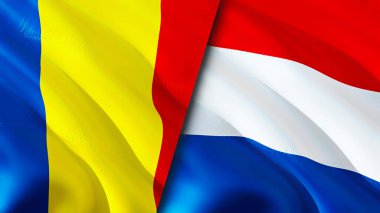 Romanya ve Hollanda bayrakları. 3 boyutlu dalgalanan bayrak tasarımı. Romanya Hollanda bayrağı, resmi, duvar kağıdı. Romanya, Hollanda 'ya karşı 3D görüntü oluşturdu. Romanya Hollanda ilişkileri bir ittifak