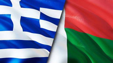Yunanistan ve Madagaskar bayrakları. 3 boyutlu dalgalanan bayrak tasarımı. Yunanistan Madagaskar bayrağı, resim, duvar kağıdı. Yunanistan Madagaskar 'a karşı, görüntü 3 boyutlu. Yunanistan Madagaskar ilişkileri ittifak ve ticaret, seyahat, turnuva