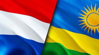 Hollanda ve Ruanda bayrakları. 3 boyutlu dalgalanan bayrak tasarımı. Hollanda Ruanda bayrağı, resim, duvar kağıdı. Hollanda, Ruanda 'ya karşı 3 boyutlu görüntü. Hollanda Ruanda ilişkileri ittifakı