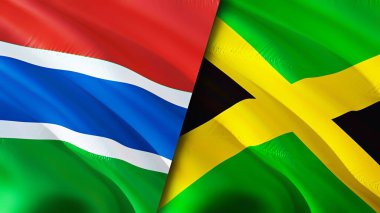 Gambiya ve Jamaika bayrakları. 3 boyutlu dalgalanan bayrak tasarımı. Gambiya Jamaika bayrağı, resim, duvar kağıdı. Gambiya Jamaika 'ya karşı, görüntü 3 boyutlu. Gambiya Jamaika ilişkileri ittifak ve ticaret, seyahat, turizm konsepti