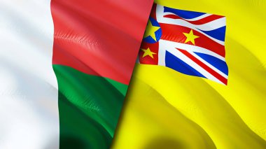 Madagaskar ve Niue bayrakları. 3 boyutlu dalgalanan bayrak tasarımı. Madagaskar Niue bayrağı, resim, duvar kağıdı. Madagaskar, Niue imajına karşı, 3 boyutlu görüntüleme. Madagaskar Niue ilişkileri ittifak ve ticaret, seyahat, turizm konsepti