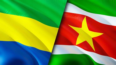 Gabon ve Surinam bayrakları. 3 boyutlu dalgalanan bayrak tasarımı. Gabon Surinam bayrağı, resim, duvar kağıdı. Gabon Surinam 'a karşı, görüntü 3 boyutlu. Gabon Suriname ilişkileri ittifak ve ticaret, seyahat, turizm konsepti
