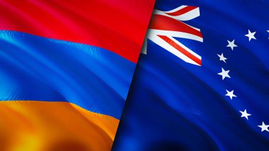 Ermenistan ve Cook Adaları bayrakları. 3 boyutlu dalgalanan bayrak tasarımı. Ermenistan Cook Adaları bayrağı, resim, duvar kağıdı. Ermenistan, Cook Adaları 'na karşı. Görüntü 3 boyutlu. Ermenistan Cook Adaları ilişkileri ve