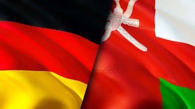 Almanya ve Umman bayrakları. 3 boyutlu dalgalanan bayrak tasarımı. Alman Umman bayrağı, resim, duvar kağıdı. Almanya, Umman 'a karşı, görüntü 3 boyutlu. Almanya Umman ilişkileri ittifak ve ticaret, seyahat, turizm konsepti