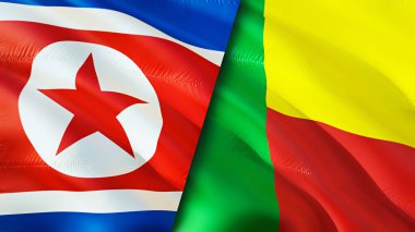 Kuzey Kore ve Benin bayrakları. 3 boyutlu dalgalanan bayrak tasarımı. Kuzey Kore Benin bayrağı, resim, duvar kağıdı. Kuzey Kore, Benin 'e karşı, görüntü 3D. Kuzey Kore Benin ilişkileri ittifak ve ticaret, seyahat, turnuva