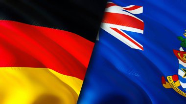 Almanya ve Cayman Adaları bayrakları. 3 boyutlu dalgalanan bayrak tasarımı. Almanya Cayman Adaları bayrağı, resim, duvar kağıdı. Almanya, Cayman Adaları 'na karşı. Görüntü 3D. Almanya Cayman Adaları İlişkiler İttifakı