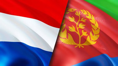 Hollanda ve Eritre bayrakları. 3 boyutlu dalgalanan bayrak tasarımı. Hollanda Eritre bayrağı, resim, duvar kağıdı. Hollanda, Eritre 'ye karşı, görüntü 3 boyutlu. Hollanda Eritre ilişkileri ittifakı