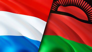 Lüksemburg ve Malawi bayrakları. 3 boyutlu dalgalanan bayrak tasarımı. Lüksemburg Malawi bayrağı, resim, duvar kağıdı. Lüksemburg, Malawi imajına karşı, 3D görüntüleme. Lüksemburg Malavi ilişkileri ittifak ve ticaret, seyahat, turnuva